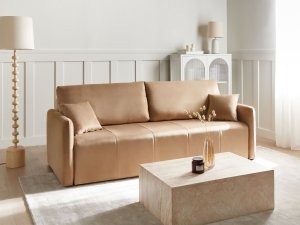 Beliani Sofa rozkładana dla 3 osób EGGE Welur Jasnobrązowy 2