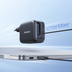 Ładowarka Baseus Ładowarka ścienna EnerCore CJ11 67W 2xUSB-C z chowanym kablem USB-C 0,8 m czarny E0121E00 (6932172696498) 3