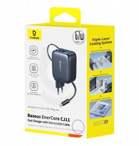 Ładowarka Baseus Ładowarka ścienna EnerCore CJ11 67W 2xUSB-C z chowanym kablem USB-C 0,8 m czarny E0121E00 (6932172696498) 7