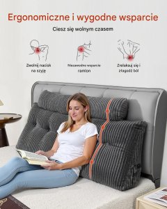 e-goodnight Poduszka zagłówek klinowa Queen z kieszeniami do czytania szara 6