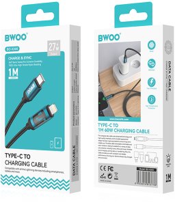 Kabel USB BWOO USB-C - Lightning 27 W 1 m z wyświetlaczem LED pleciony Czarny (BO-X305) 4