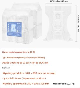 Snibbs Pieluchy dla psa suczki M 96 szt chłonne na cieczkę trening 2