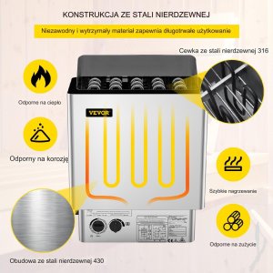 Vevor Piec do sauny elektryczny 9 kW, 380-415V, stal nierdzewna, montaż ścienny 3