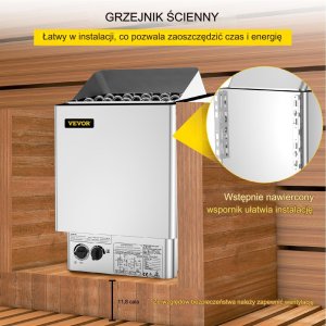 Vevor Piec do sauny elektryczny 9 kW, 380-415V, stal nierdzewna, montaż ścienny 6