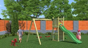 Plum Plac zabaw drewniany DUMO Przytulny Zakątek 3 ze zjeżdżalnią 220 cm i podwójną huśtawką 11