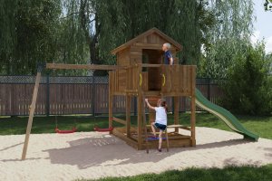 Plum Plac zabaw drewniany DUMO Zielona Osada z huśtawkami i zjeżdżalnią 5