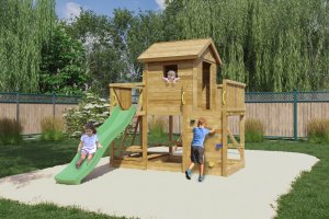 Plum Plac zabaw drewniany DUMO Zielona Osada z huśtawkami i zjeżdżalnią 7