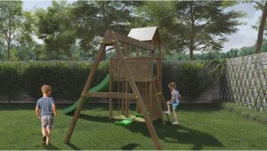 Plum Plac zabaw drewniany DUMO Radosna Chatka ze zjeżdżalnią 220 cm i huśtawkami 6