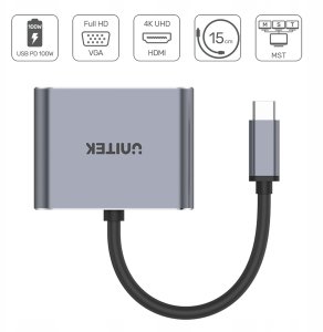 HUB USB Unitek Unitek Hub USB-C do HDMI 2.0 4K 60Hz, VGA, USB-A i PD 100W D1049A 3