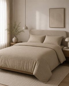Domoletti BED COV SET STRIPED SATEEN SAND 160X200 2
