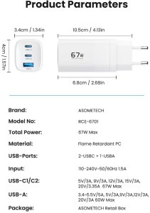 Ładowarka Baseus Ładowarka sieciowa szybka oryginalna ASOMETECH 67W, GaN, QC3.0, PD3.0 biała 3