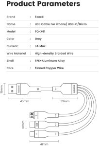 Kabel USB Kaku Kabel Toocki USB 3w1 USB-C, Micro, Lightning 100W, 1.2m, 3 końcówki do ładowania 7
