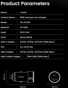Ładowarka Kaku Ładowarka Samochodowa Toocki 60W 2 porty + Kabel 1m 4