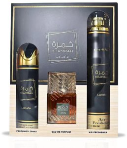 SET LATTAFA Khamrah EDP spray 100ml + DEO spray 200ml + AIR FRESHENER 300ml 3
