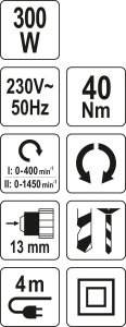 Wiertarko-wkrętarka Yato WIERTARKO WKRETARKA SIECIOWA YATO 40Nm 300W BIEGI 4