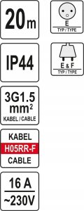 Yato YATO PRZEDŁUŻACZ BĘBNOWY BUDOWLANY 20m NA BĘBNIE 4 GNIAZDA 3x1,5MM 7