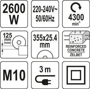 Yato YATO PIŁA ELEKTRYCZNA PRZECINARKA DO BETONU TARCZOWA 2600W 350MM 14