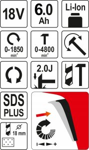 Młotowiertarka Yato YATO MŁOTOWIERTARKA AKUMULATOROWA UDAROWA SDS+ 18V 3Ah Z FUNKCJĄ PODKUWANIA 7