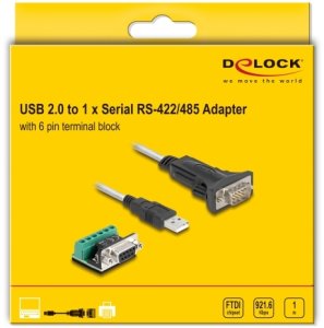 Delock Adapter USB 2.0 Typ-A do 1 x szeregowy RS-422/485 wtyk z 6 styk Terminalblock 5 V 1 m 4