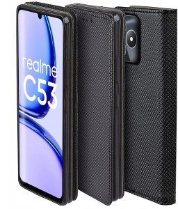 krainaGSM Etui z klapką do Realme C53 | C51|NOTE 50 Zamykane Czarne Futerał +Szkło 9H 4