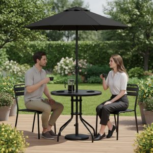 Goodhome Stolik ogrodowy okrągły 80 cm szkło hartowane otwór na parasol czarny MultiGarden EDUKAMP 2