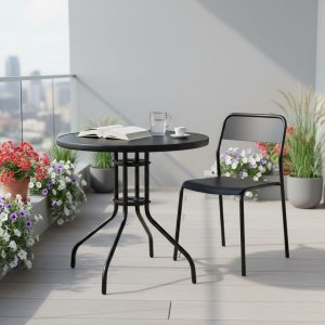 Goodhome Stolik ogrodowy okrągły 80 cm szkło hartowane otwór na parasol czarny MultiGarden EDUKAMP 3