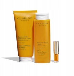 Clarins Set Clarins: Aroma, Essential Oils, Hydrating, Body Oil, 200 ml + Aroma, Essential Oils, Shower Gel, All Over The Body, 200 ml + Lip Confort, Lip Oil, 01, 1.4 ml *Miniature + Clarins, Zippered, GWP Textile Pouch, White Unisex 2