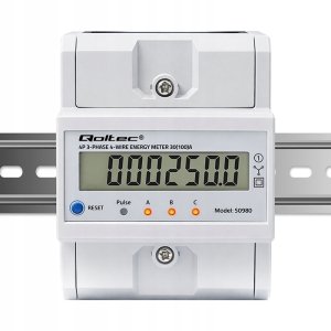 Qoltec Trójfazowy elektroniczny licznik z resetem | miernik zużycia energii na szynę DIN | 400V | 100A | LCD | LED | 4P 8