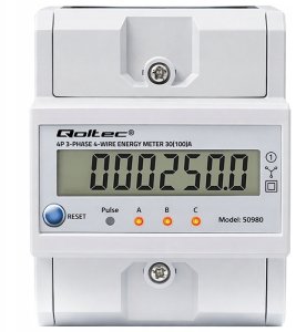 Qoltec Trójfazowy elektroniczny licznik z resetem | miernik zużycia energii na szynę DIN | 400V | 100A | LCD | LED | 4P 9