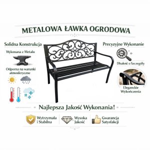 Lean Ławka Ogrodowa Taras Ogród Park Metalowa Oparcie Zdobiona Czarna 127 cm 25