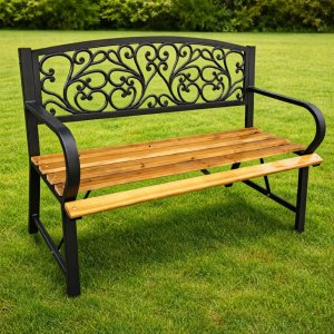 Lean Ławka Ogrodowa Park Taras Ogród Metalowe Oparcie Drewniana Zdobiona 118 cm 7