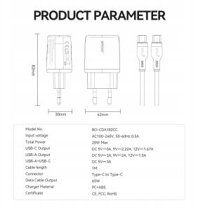 Ładowarka TelForceOne BWOO ładowarka sieciowa CDA182 QC 38W 1x USB-A + 1x USB-C 3,8A z kablem USB-C 1 m biała 4