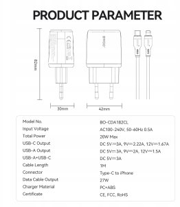 Ładowarka TelForceOne BWOO ładowarka sieciowa CDA182 QC 38W 1x USB-A + 1x USB-C z kablem USB-C-Lightning 1 m biała 5