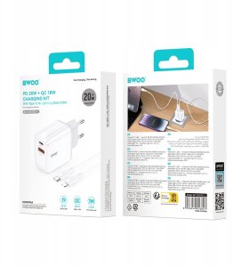 Ładowarka TelForceOne BWOO ładowarka sieciowa CDA182 QC 38W 1x USB-A + 1x USB-C z kablem USB-C-Lightning 1 m biała 6