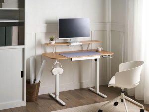 Biurko Beliani regulowane elektrycznie WILBANKS Jasny brąz/ biały 120 cm 60 cm Z portem USB 3