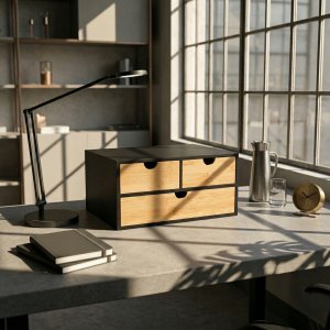 Bambusowy organizer na biurko HEGO,16 cm, 3 szufladkowy szufladkami 2