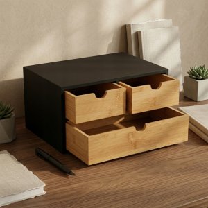 Bambusowy organizer na biurko HEGO,16 cm, 3 szufladkowy szufladkami 10