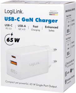 Ładowarka LogiLink Ładowarka sieciowa LogiLink PA0371 USB GaN, 65 W, 1x USB-C (PD), 1x USB-A (QC), biała 2