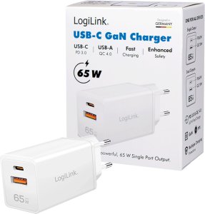 Ładowarka LogiLink Ładowarka sieciowa LogiLink PA0371 USB GaN, 65 W, 1x USB-C (PD), 1x USB-A (QC), biała 3