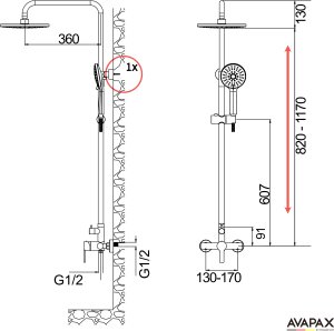 Deszczownica Avapax Deszczownica z baterią prysznicową dwufunkcyjną, Kolor: stal 8