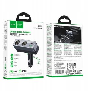 Ładowarka Hoco Ładowarka samochodowa Hoco z rozdzielaczem 1xUSB A + 1xUSB C + 2 porty zapalniczki QC3.0 PD max 240W/24V Z65B czarna 5