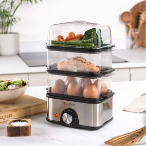 Salter Kompaktowy 3-piętrowy Parowar Salter 500W Ryby Warzywa Jajka Timer 3 Litry 9