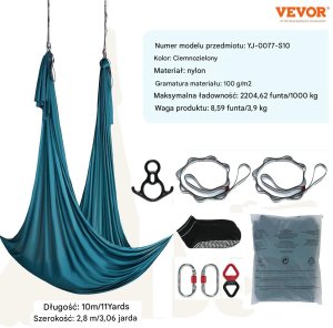 Monroe Hamak aerial yoga 10m z osprzętem 100gsm nylon do treningu zielony 3