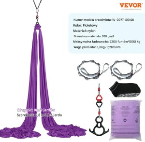 Monroe Hamak aerial yoga 8m z osprzętem 100gsm nylon do treningu fioletowy 2