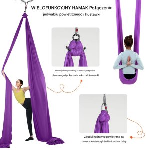 Monroe Hamak aerial yoga 8m z osprzętem 100gsm nylon do treningu fioletowy 6
