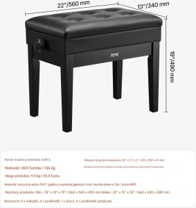 Kaline Ławka do pianina regulowana 49-58cm z pojemnikiem tapicerowane siedzisko 2