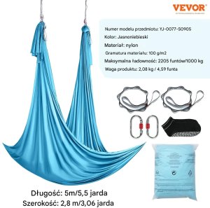 Monroe Hamak aerial yoga 5m z osprzętem 100gsm nylon do treningu niebieski 2