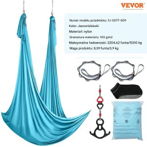 HELLA Hamak aerial yoga 10m z osprzętem 100gsm nylon do treningu niebieski 2