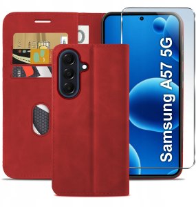 krainaGSM ETUI Z KLAPKĄ do Samsung A57 Zamykane Magnetyczne Skórzane + Szkło 9H 3