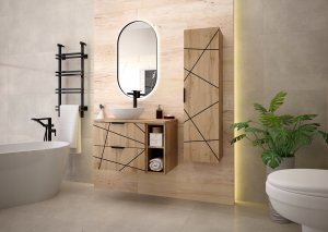 MEGSTYL Szafka łazienkowa z regałem i czarnym blatem 80 cm WOOD szuflady DĄB WOTAN 13